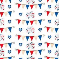 Vector Seamless pattern of fireworks flags and balloons in Red White And Blue Patriotic Colors 4th of july