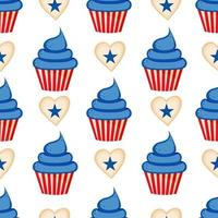 Vector cupcake and herts with stars seamless pattern of 4th of July Transparent background