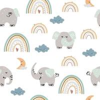 Seamless pattern with elephants and boho rainbows vector