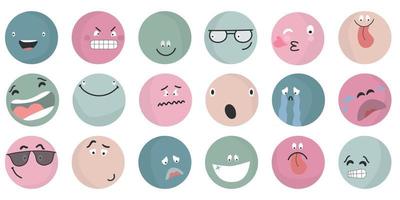 caras cómicas abstractas redondas con diversas emociones diferentes personajes coloridos estilo de dibujos animados diseño plano conjunto de emoticonos caras emoji emoticon sonrisa digital smiley expresión emoción sentimientos chat mensajero emoticonos de dibujos animados vector