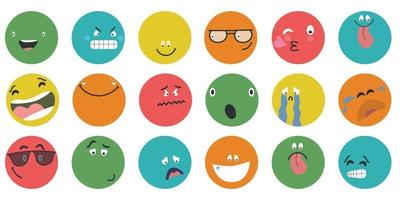 caras cómicas abstractas redondas con diversas emociones diferentes personajes coloridos estilo de dibujos animados diseño plano conjunto de emoticonos caras emoji emoticon sonrisa digital smiley expresión emoción sentimientos chat mensajero emoticonos de dibujos animados vector