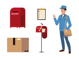 post service postman mailbox clipboard and cardboard box icons vector