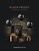 Black friday sale background with transparent realistic balloons and gift box vector