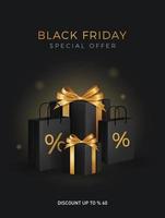 Black friday sale background with transparent realistic balloons and gift box vector