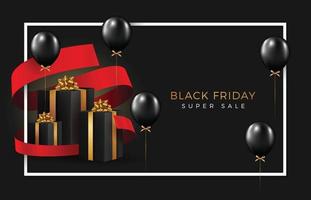 Black friday sale background with transparent realistic balloons and gift box vector