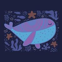 lindo póster de guardería con ballena en estilo escandinavo personaje de animal marino estampado infantil para guardería póster de ropa para niños postal con letras a mano estilo escandinavo doodle animal vector