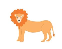 Cute funny lion stands on a white background Vector image in cartoon flat style Decor for childrens posters postcards clothing and interior decoration