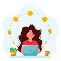 Woman with a laptop and coins Remote work or freelance concept Earn money online vector