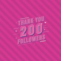 gracias 200 seguidores tarjeta de felicitación de celebración para seguidores de redes sociales vector