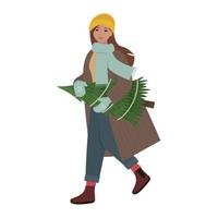 Woman carrying  xmas fir tree preparing for Christmas holiday vector