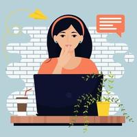 Thinking woman with laptop vector