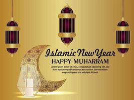 Happy muharram celebration greeting card with islamic lantern on pattern background vector