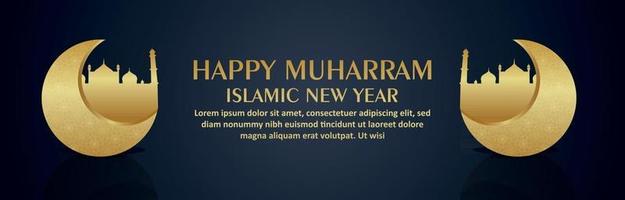 Happy muharram celebration banner or header with golden moon and mosque vector