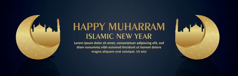 Happy muharram celebration banner or header with golden moon and mosque