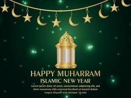 Happy muharram celebration greeting card with islamic lantern on pattern background vector