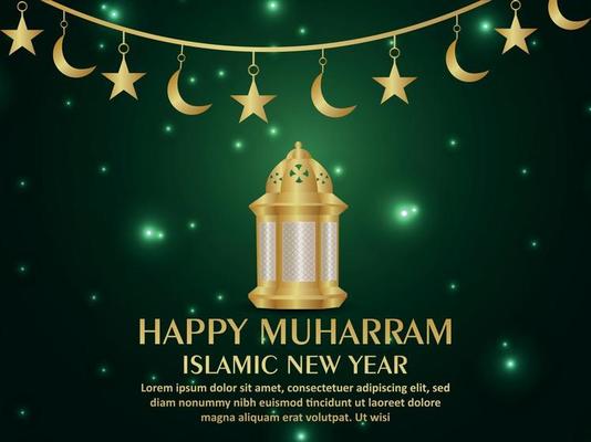 Happy muharram celebration greeting card with islamic lantern on pattern background