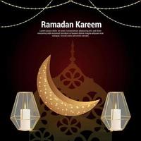 Ramadan kareem islamic festival greeting card with creative lantern and golden moon vector