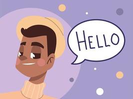 young man and hello text character avatar in cartoon vector