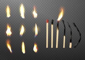 Realistic 3d match stick and different flame icon set closeup isolated on transparent background Whole and burnt matchstick Stages of burning the match Symbol of ignition Vector illustration
