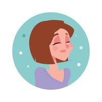 mujer con avatar de personaje de ojos cerrados en icono redondo de estilo plano de dibujos animados vector