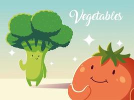 cute fresh tomato and broccoli vegetables cartoon detailed vector