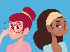 two young women portrait character avatar in cartoon vector