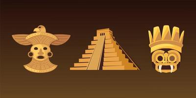 aztec ornament golden mask and pyramid icons vector