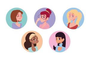 avatar de personajes de diferentes estilos de mujer joven en icono redondo de dibujos animados vector