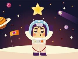 lindo astronauta celebrando en la luna con bandera espacio de dibujos animados vector