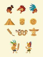 aztec character people snake pyramid weapon native culture icons vector