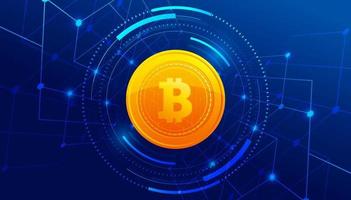 Golden Bitcoin on blue background banner template design vector