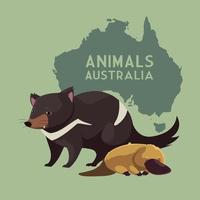 diablo de tasmania y ornitorrinco continente australiano mapa animal fauna vector