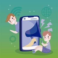 boy using mobile and big smartphone marketing social media cartoon vector