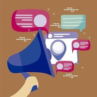 hand with megaphone speaker advertising messages social media cartoon vector