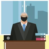 hombre de negocios, con, máscara, oficina, espacio de trabajo, escritorio, computadora portátil, y, libros vector