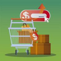 online shopping cart cardboard boxes button click vector