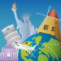 travel world plane and monuments famous vacations tourism vector