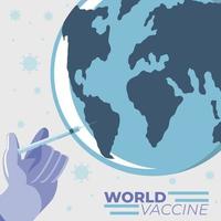 covid 19 vaccine hand medical with syringe inject planet vector