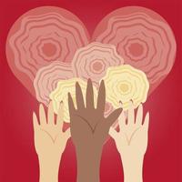 womens day diverse hands up and flowers inside heart love in cartoon vector