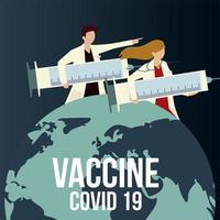 médicos con protección de jeringas mundo para covid 19 vector