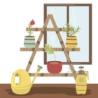 home garden shelf with potted plants watering can and sprayer vector