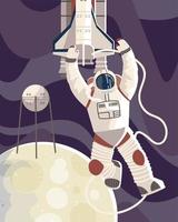astronauta en traje espacial satélite y lanzadera en el espacio lunar vector