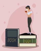 woman read book standing on stacked books vector