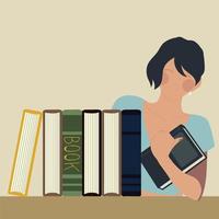 mujer, con, libro en mano, y, pila, de, libros, literatura vector
