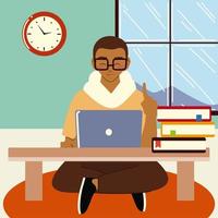 afro young man with laptop working sitting on the floor vector