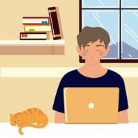 hombre sentado en la silla y trabajando en la computadora portátil en su casa con su gato trabajar en casa vector