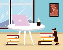 work at home office table with laptop coffee cup books and window room vector