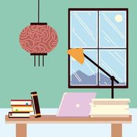 work to home office desk laptop lamp books and window vector