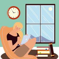 young woman sitting on the chair and working on laptop with books work at home vector