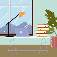 work at home office table with laptop books lamp and plant vector